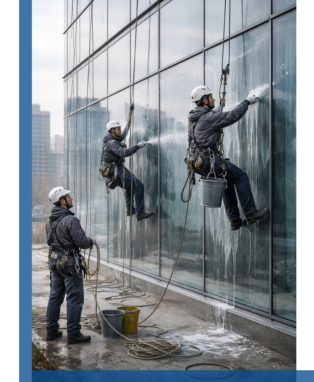 Промышленная мойка панорамных окон на высоте в Озёрске