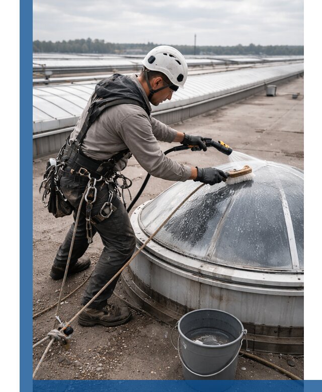 Мойка зенитных фонарей на кровле для промышленных объектов в Озёрске