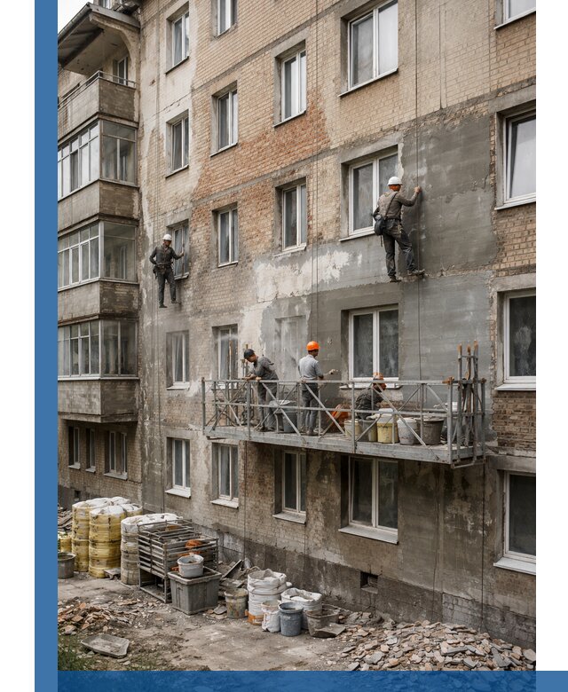 Капитальный ремонт фасада в Озёрске с восстановлением и гидроизоляцией