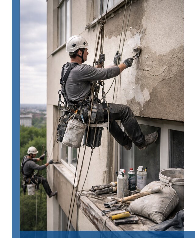Косметический ремонт фасада зданий в Озёрске промышленными альпинистами