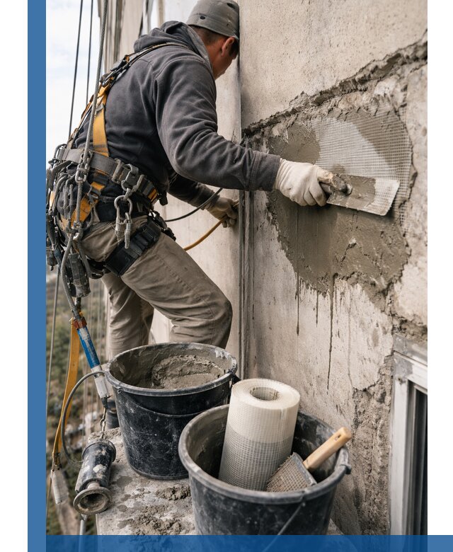 Ремонт бетонных элементов фасада промышленными альпинистами в Озёрске