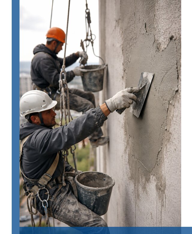 Штукатурка фасада на высоте в Озёрске профессиональные работы