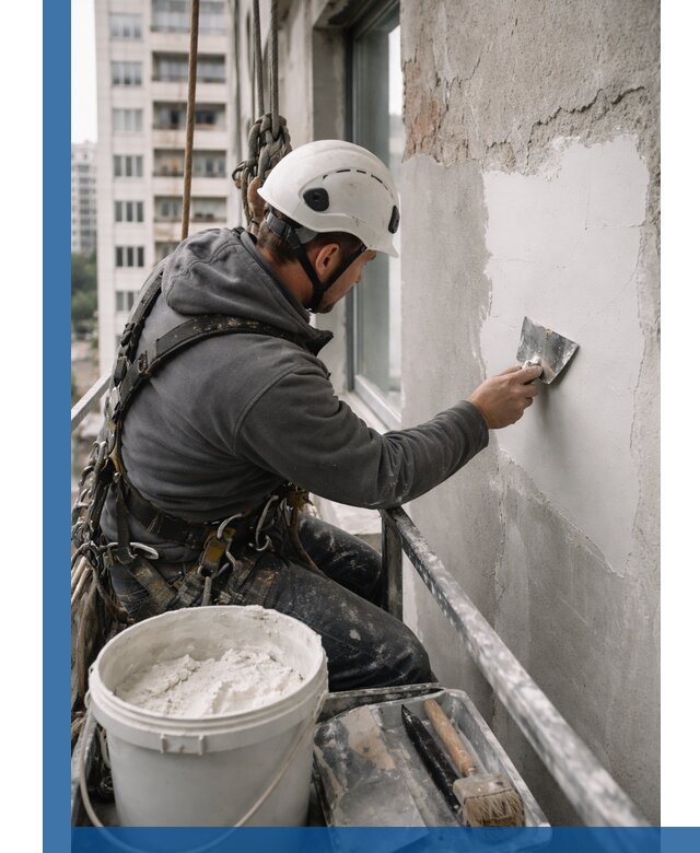 Шпаклевка фасадов на высоте с промальпинистами в Озёрске