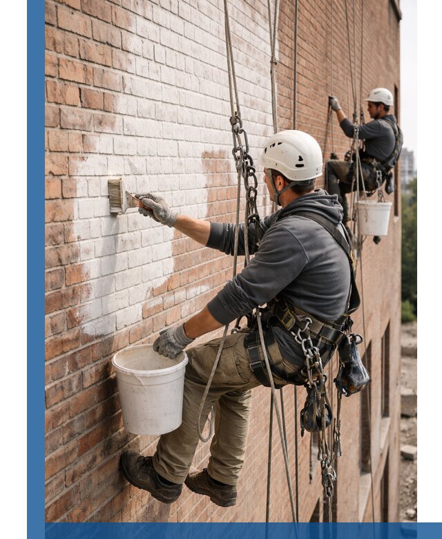 Покраска кирпичного фасада с доступным альпинистским сервисом в Озёрске