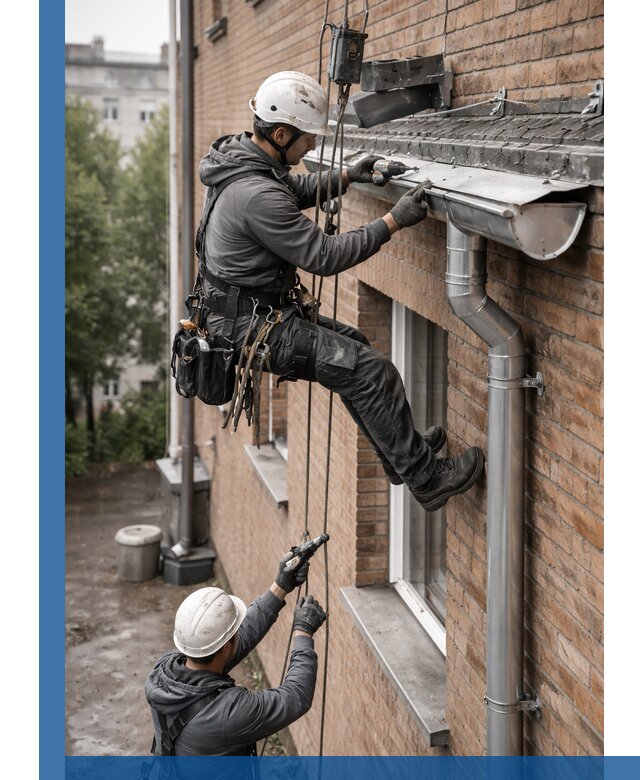 Монтаж водосточной системы на здании в Озёрске под ключ