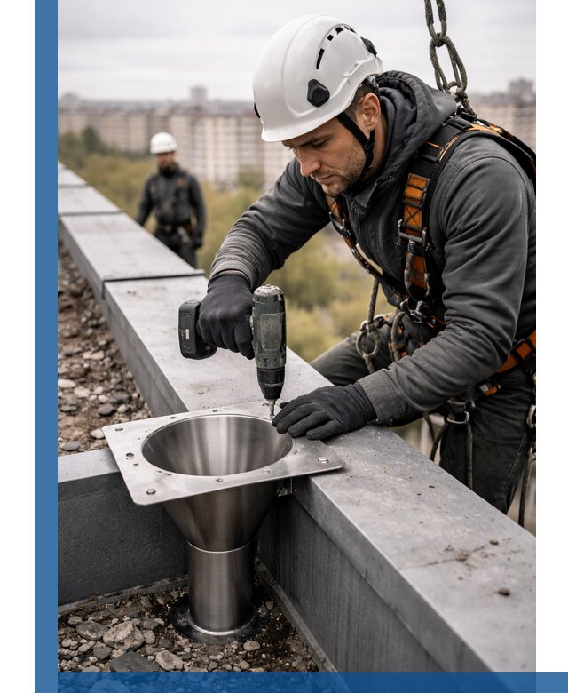 Монтаж водосточных воронок в Озёрске для промышленных зданий