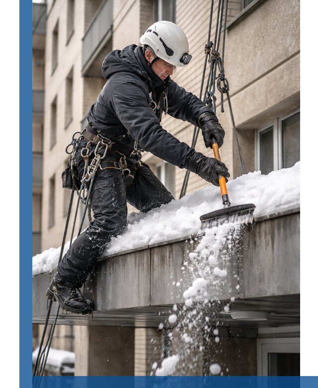 Очистка козырьков от снега в Озёрске круглогодично безопасно