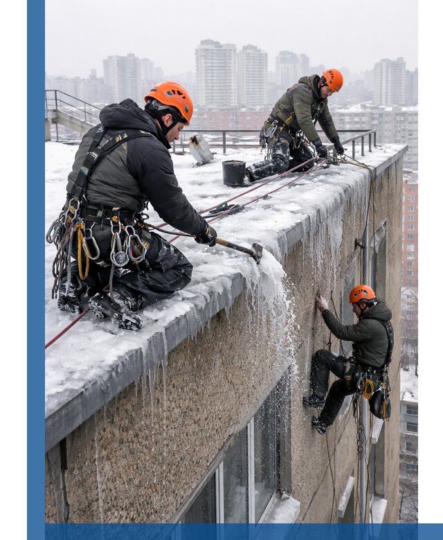 Удаление наледи с кровли в Озёрске промышленными альпинистами