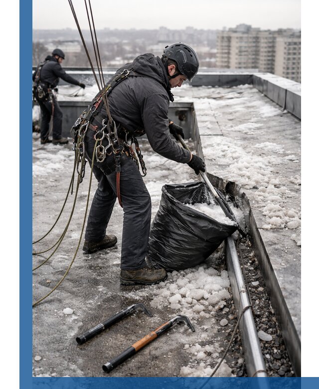 Аварийная очистка кровли в Озёрске от промальпинистов