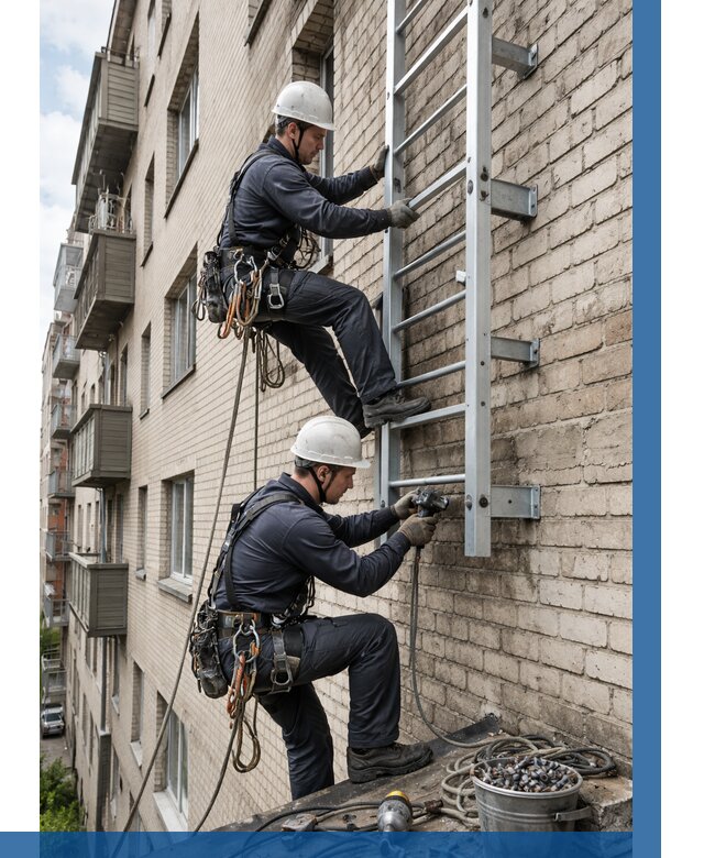 Монтаж пожарной лестницы в Озёрске от 25355 р заказать у ВЫСОТНИК-Озр