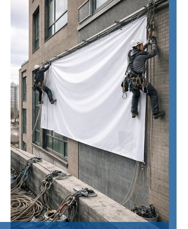 Монтаж баннеров на фасаде в Озёрске от 659 р. заказать ВЫСОТНИК-Озр