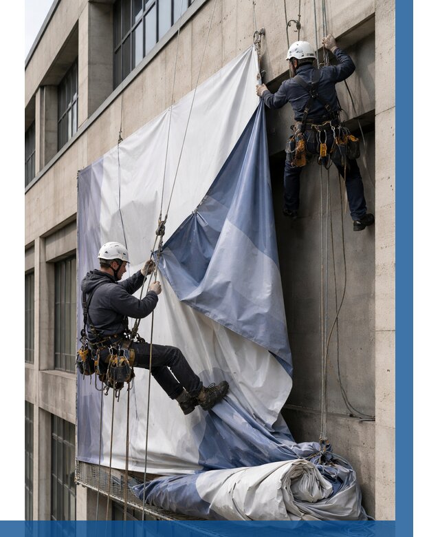 Демонтаж баннеров с фасада в Озёрске от 4564 р. | ВЫСОТНИК-Озр