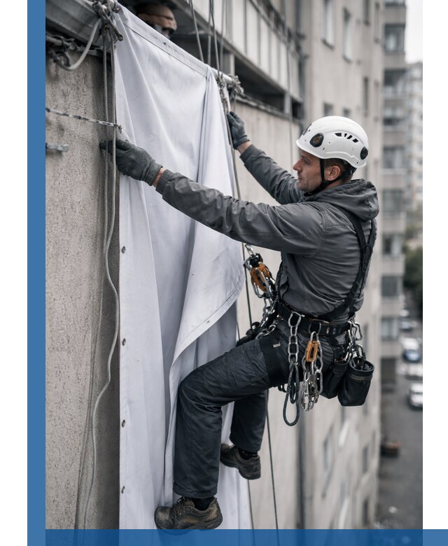 Замена баннерного полотна промышленными альпинистами в Озёрске