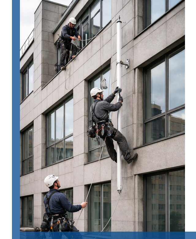 Монтаж флагштока на фасаде здания с креплением и герметикой в Озёрске