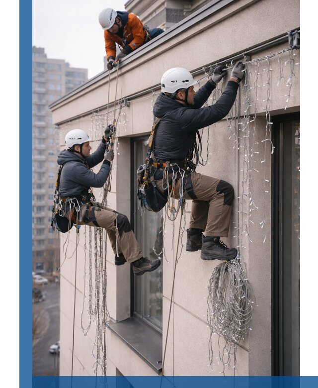 Монтаж праздничных гирлянд на фасаде в Озёрске для зданий