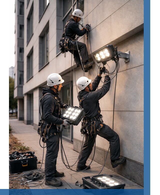 Монтаж прожекторов на фасаде в Озёрске от 7607 р. | ВЫСОТНИК-Озр
