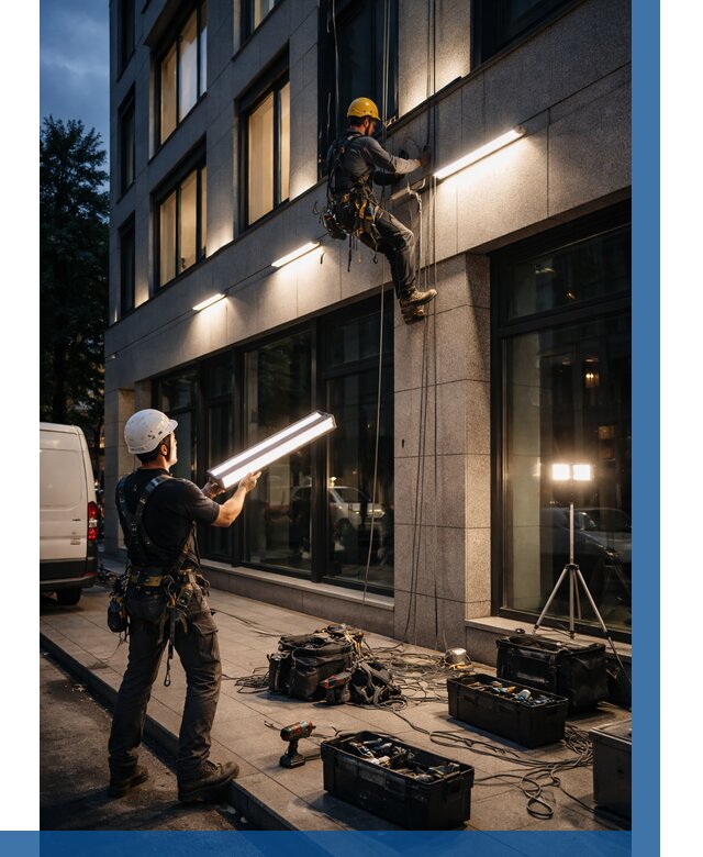 Монтаж архитектурной подсветки здания в Озёрске от 2536 р.|ВЫСОТНИК-Озр