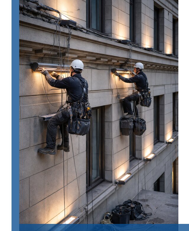 Монтаж архитектурной подсветки фасадов зданий в Озёрске