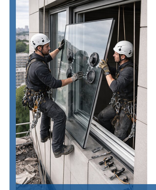 Замена стеклопакетов на высоте с промышленными альпинистами в Озёрске