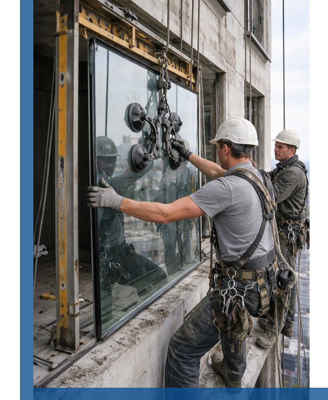 Монтаж стеклопакетов на высоте в Озёрске с промышленным альпинизмом