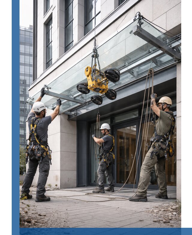 Монтаж стеклянных козырьков под ключ в Озёрске для зданий