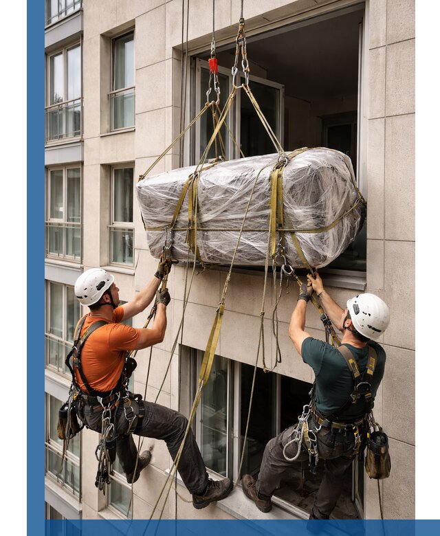 Подъем грузов через окно в Озёрске промышленными альпинистами