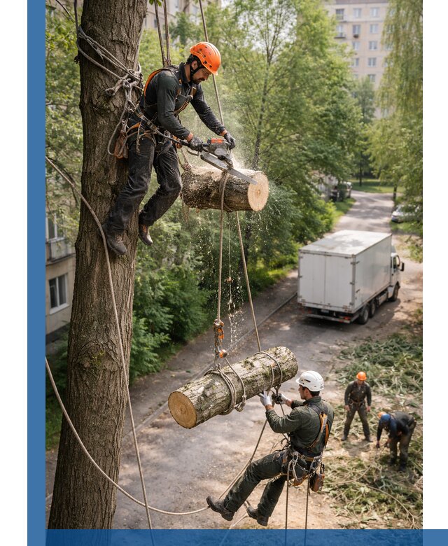 Спил деревьев альпинистами в Озёрске, безопасно и без повреждений