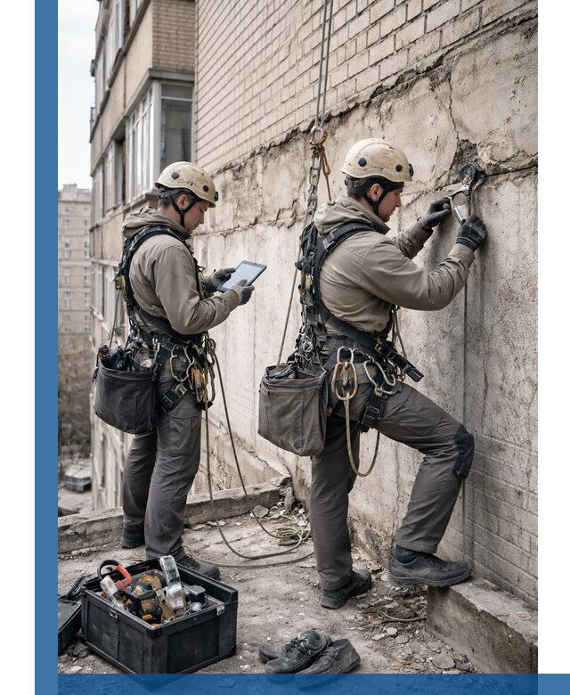 Обследование фасада промышленными альпинистами в Озёрске